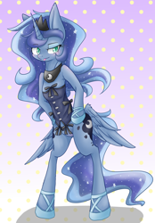 Size: 1728x2480 | Tagged: safe, artist:azurepicker, princess luna, anthro, unguligrade anthro, blushing, both cutie marks, bow, butt wings, clothes, corset, featureless crotch, lingerie, pixiv, polka dot background, shoes, solo, tongue out