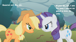 Size: 850x470 | Tagged: safe, applejack, rarity, earth pony, pony, unicorn, caption, female, horn, mare, shakespeare