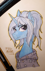 Size: 1660x2620 | Tagged: safe, artist:alicetriestodraw, derpibooru import, trixie, pony, unicorn, alternate hairstyle, babysitter trixie, clothes, colored sketch, hoodie, logo, markers, solo, stars, traditional art