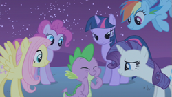 Size: 853x480 | Tagged: safe, screencap, fluttershy, pinkie pie, rainbow dash, rarity, spike, twilight sparkle, dragon, earth pony, pegasus, pony, unicorn, owl's well that ends well, lidded eyes, night