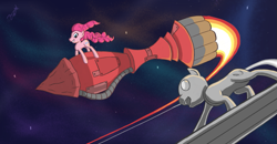 Size: 1023x531 | Tagged: safe, artist:zookz25, pinkie pie, earth pony, pony, flying, marvel, ponified, riding, rocket, silver surfer, space