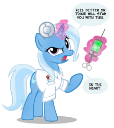 Size: 900x1007 | Tagged: safe, artist:pixelkitties, derpibooru import, trixie, pony, unicorn, clothes, doctor, female, glowing horn, magic, mare, simple background, solo, speech, speech bubble, syringe, telekinesis, transparent background, uniform, vector