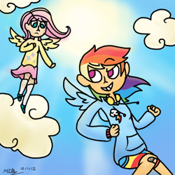 Size: 500x500 | Tagged: safe, artist:spectrumowl, fluttershy, rainbow dash, clothes, humanized, skirt, winged humanization