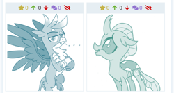 Size: 496x265 | Tagged: safe, artist:sintakhra, gallus, ocellus, tumblr:studentsix, ..., crossed arms, cute, derpibooru, diaocelles, gallus is not amused, looking at you, meta, size difference, spread wings, unamused, wings