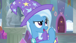 Size: 1920x1080 | Tagged: safe, derpibooru import, screencap, trixie, pony, unicorn, a horse shoe-in, cape, clothes, female, hat, mare, solo, trixie's cape, trixie's hat