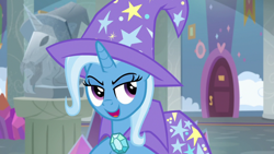 Size: 1920x1080 | Tagged: safe, derpibooru import, screencap, trixie, pony, unicorn, a horse shoe-in, cape, clothes, female, gem, hat, lidded eyes, mare, open mouth, school of friendship, solo, trixie's cape, trixie's hat