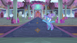 Size: 1280x720 | Tagged: safe, derpibooru import, screencap, trixie, pony, unicorn, a horse shoe-in, bipedal, cape, clothes, crystal, female, hat, hooves in air, mare, rearing, school of friendship, solo, spreading, trixie's cape, trixie's hat