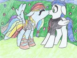 Size: 900x676 | Tagged: safe, artist:sneezefeatherwarrior, rainbow dash, soarin', pegasus, pony, female, kissing, male, shipping, soarindash, straight