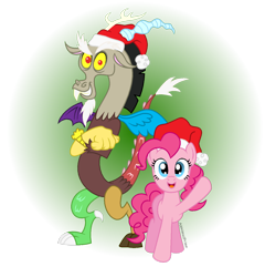 Size: 1024x1067 | Tagged: safe, artist:aleximusprime, discord, pinkie pie, earth pony, pony, christmas, crossed arms, hat, santa hat, simple background, transparent background, waving