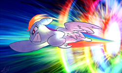 Size: 1000x600 | Tagged: safe, artist:atryl, rainbow dash, pegasus, pony, flying, rainbow, solo, sonic rainboom