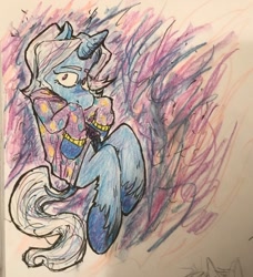 Size: 540x592 | Tagged: safe, artist:hugz1131662, derpibooru import, trixie, pony, unicorn, alternate hairstyle, babysitter trixie, clothes, hoodie, solo, traditional art