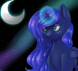 Size: 4400x4050 | Tagged: safe, artist:lenna-lou-who, princess luna, alicorn, pony, absurd resolution, magic, moon, moonrise, night, smiling, solo, stars