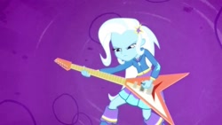 Size: 700x394 | Tagged: safe, derpibooru import, screencap, trixie, equestria girls, guitar centered, rainbow rocks, electric guitar, female, flying v, guitar, solo