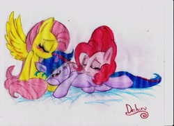 Size: 3501x2550 | Tagged: safe, artist:deihiru, fluttershy, pinkie pie, twilight sparkle, earth pony, pegasus, pony, blushing, female, flutterpie, fluttertwipie, lesbian, shipping, sleeping, traditional art, twinkie, twishy, wingboner