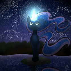 Size: 2000x2000 | Tagged: safe, artist:animeglaceonsketch, princess luna, alicorn, pony, lake, magic, night, night sky, solo, stars, water