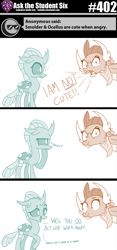 Size: 800x1706 | Tagged: safe, artist:sintakhra, ocellus, smolder, changedling, changeling, dragon, tumblr:studentsix, :t, angry, bandana, blatant lies, cute, diaocelles, dragoness, fake cutie mark, female, i'm not cute, looking at you, madorable, post-it, puffy cheeks, smolder is not amused, smolderbetes, smoldere, speaker, tsundere, unamused