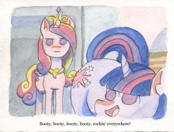 Size: 1666x1262 | Tagged: safe, artist:infinitebadness, princess cadance, twilight sparkle, alicorn, pony, friendship is witchcraft, :, booty booty booty booty rockin' everywhere, bubba sparxxx, looking back, ms. new booty, raised eyebrow, raised tail, smiling, song reference, traditional art, watercolor painting