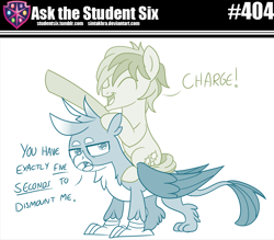 Size: 800x700 | Tagged: safe, artist:sintakhra, gallus, sandbar, griffon, pony, tumblr:studentsix, duo, gallus is not amused, male, ponies riding griffons, riding, this will not end well, unamused