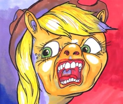 Size: 608x515 | Tagged: artist needed, safe, artist:bapplejuice, applejack, earth pony, pony, album cover, human teeth, in the court of the crimson king, king crimson, parody, progressive rock, solo, wat