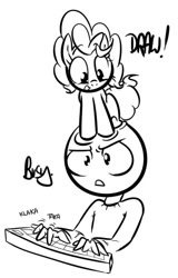 Size: 392x613 | Tagged: safe, artist:shoutingisfun, pinkie pie, human, pony, behaving like a cat, computer, drawing, monochrome, tulpa