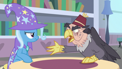 Size: 1920x1080 | Tagged: safe, derpibooru import, screencap, grampa gruff, trixie, griffon, pony, unicorn, a horse shoe-in, blind eye, cape, clothes, duo, eye scar, female, fez, frown, hat, male, mare, scar, trixie's cape, trixie's hat