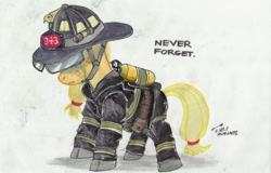 Size: 800x513 | Tagged: safe, artist:buckweiser, applejack, earth pony, pony, 343, 9/11, crying, duckery in the comments, fdny, female, firefighter, firefighting, mare, mouthpiece, never forget, sad, simple background, solo, somber, white background
