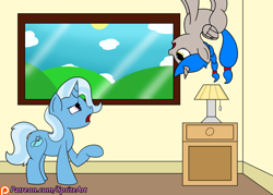 Size: 1400x1000 | Tagged: safe, artist:spritepony, derpibooru import, trixie, oc, oc:sprite, alicorn, pony, alicorn oc, confused, standing on the ceiling