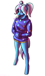 Size: 3000x5000 | Tagged: safe, artist:novaastralis, derpibooru import, trixie, anthro, unguligrade anthro, unicorn, alternate hairstyle, babysitter trixie, candy, clothes, female, food, glowing horn, hands in pockets, hoodie, horn, levitation, lollipop, magic, mare, simple background, solo, telekinesis, tongue out, transparent background