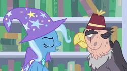 Size: 1920x1080 | Tagged: safe, derpibooru import, screencap, grampa gruff, trixie, griffon, pony, unicorn, a horse shoe-in, blind eye, cape, clothes, duo, eye scar, eyes closed, female, fez, hat, male, mare, scar, trixie's cape, trixie's hat