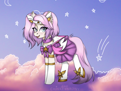 Size: 1024x768 | Tagged: safe, artist:chickenbrony, oc, oc only, pony, art trade, blushing, choker, clothes, crossover, cute, league of legends, looking at you, lux, solo, sparkles, standing, star guardian lux, stars, stockings, thigh highs