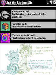 Size: 800x1073 | Tagged: safe, artist:sintakhra, ocellus, sandbar, changedling, changeling, pony, tumblr:studentsix, book, cute, diaocelles, eyes closed, happy, looking at you, ocellus sure does love books, post-it, sandabetes, smiling, that changeling sure does love books