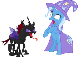 Size: 4109x3000 | Tagged: safe, artist:cloudyglow, derpibooru import, pharynx, trixie, changeling, pony, unicorn, to change a changeling, fangs, female, forked tongue, high res, male, mare, shocked expression, simple background, tongue out, transparent background, vector