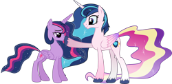 Size: 6186x3031 | Tagged: safe, artist:osipush, princess cadance, shining armor, twilight sparkle, twilight sparkle (alicorn), alicorn, pony, unicorn, ambiguous gender, boop, duo, ethereal mane, female, fusion, gradient mane, male, older, older twilight, shiningcadance, shipping, siblings, simple background, straight, transparent background, ultimate twilight, vector