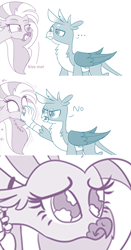 Size: 732x1402 | Tagged: safe, artist:sintakhra, edit, gallus, silverstream, griffon, hippogriff, ..., cute, diastreamies, female, gallabetes, gallstream, gallus is not amused, kiss me, male, no, out of context, parody, pure unfiltered evil, reference, sad, shipping, shipping denied, smiling, smirk, straight, text edit, unamused, you monster