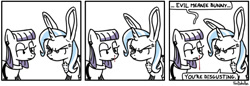 Size: 650x224 | Tagged: safe, artist:foudubulbe, derpibooru import, maud pie, trixie, pony, unicorn, comic:damp rocks, blood, bunny ears, clothes, comic, costume, cross-popping veins, dialogue, fake ears, female, glare, lesbian, mare, mauxie, nosebleed, shipping