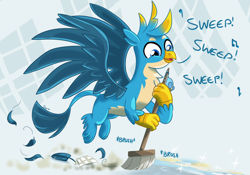 Size: 1542x1080 | Tagged: safe, artist:sintakhra, gallus, griffon, tumblr:studentsix, broom, chest fluff, cute, dust, feather, flying, gallabetes, male, singing, solo, sweeping, sweepsweepsweep