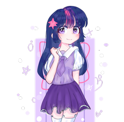 Size: 1213x1199 | Tagged: safe, artist:windymils, twilight sparkle, human, clothes, cute, female, humanized, moe, necktie, skirt, smiling, socks, solo, thigh highs, twiabetes, zettai ryouiki