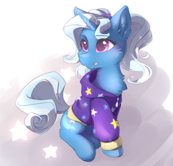 Size: 2500x2400 | Tagged: safe, artist:dreamweaverpony, derpibooru import, trixie, pony, unicorn, alternate hairstyle, babysitter trixie, beautiful, cape, cheek fluff, chest fluff, clothes, coat, cute, diatrixes, ear fluff, female, fluffy, high res, hoodie, mare, simple background, sitting, smiling, solo, trixie's cape