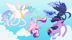 Size: 1366x768 | Tagged: safe, artist:igoracio, princess cadance, princess celestia, princess luna, twilight sparkle, twilight sparkle (alicorn), alicorn, pony, alicorn tetrarchy, cloud, cloudy, female, majestic as fuck, mare, wat