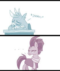 Size: 479x571 | Tagged: safe, artist:sintakhra, fizzlepop berrytwist, gallus, tempest shadow, griffon, pony, tumblr:studentsix, ..., clothes, comic, cropped, desk, onomatopoeia, sleeping, sleeping in class, snoring, sound effects, tempest shadow is not amused, this will end in detention, tongue out, unamused, zzz