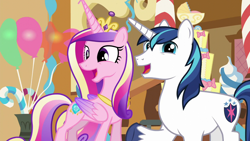 Size: 1280x720 | Tagged: safe, screencap, princess cadance, shining armor, alicorn, pony, unicorn, the one where pinkie pie knows, female, male, shiningcadance, shipping, straight