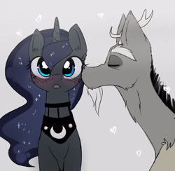 Size: 2300x2246 | Tagged: safe, artist:elementalokami, discord, princess luna, alicorn, pony, :o, blushing, cute, eyes closed, gray background, heart, kiss on the cheek, kissing, lunacord, male, shipping, simple background, straight