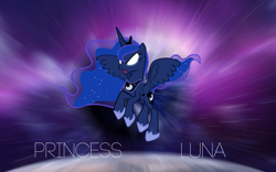 Size: 2560x1600 | Tagged: safe, artist:modmcdl, princess luna, alicorn, pony, flying, glowing eyes, solo, text, wallpaper, white eyes