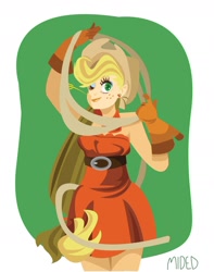 Size: 1280x1621 | Tagged: safe, artist:octoroxxx, applejack, human, clothes, cutie mark earrings, dress, ear piercing, earring, humanized, jewelry, looking at you, piercing, rope, solo, wink