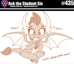 Size: 800x691 | Tagged: safe, artist:sintakhra, smolder, dragon, tumblr:studentsix, cute, descriptive noise, dragoness, eating, fangs, female, gem, heart eyes, nom, onomatopoeia, smolderbetes, solo, spread wings, wingding eyes, wings