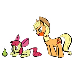 Size: 800x800 | Tagged: safe, artist:sunsomething, apple bloom, applejack, earth pony, pony, dishonorapple, female, hilarious in hindsight, pear, simple background, sisters, white background