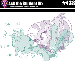 Size: 800x659 | Tagged: safe, artist:sintakhra, ocellus, silverstream, changedling, changeling, classical hippogriff, hippogriff, tumblr:studentsix, adorable face, cuddly, cute, cuteling, cuteness overload, daaaaaaaaaaaw, diabetes, diaocelles, diastreamies, female, hugable, laughing, raspberry, sintakhra is trying to murder us, tickling, ticklish tummy, tummy buzz, weapons-grade cute