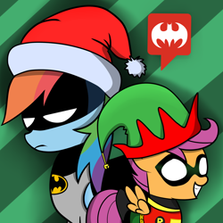 Size: 1280x1280 | Tagged: safe, rainbow dash, scootaloo, pegasus, pony, ask, batman, christmas, crossover, parody, robin