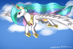 Size: 1024x683 | Tagged: safe, artist:silverglitterglide, princess celestia, alicorn, pony, flying, solo, spread wings