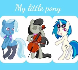 Size: 720x642 | Tagged: safe, artist:paro, derpibooru import, dj pon-3, octavia melody, trixie, vinyl scratch, earth pony, pony, bipedal, cute, diatrixes, tavibetes, vinylbetes